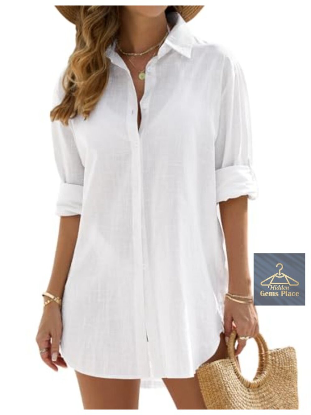 100% Cotton Swimsuit Coverup Button Down Beach Shirt Dress Women